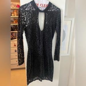 Black lace, mini dress.